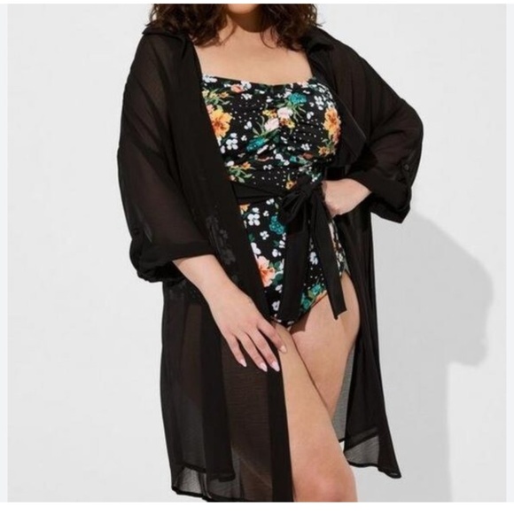 Torrid Chiffon Anorak Zip Front Hooded Kimono Duster Coverup Sz 1 Black - Picture 2 of 10